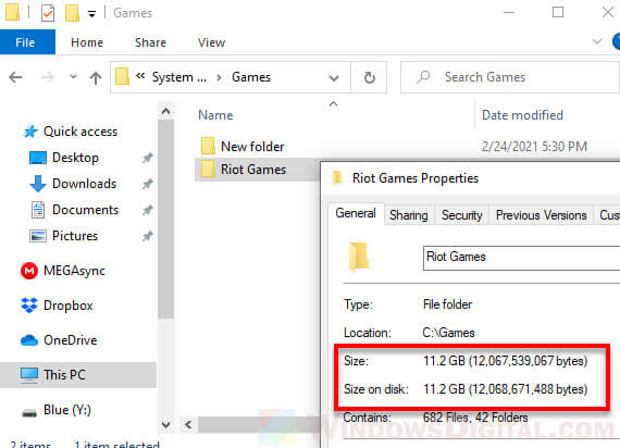 View Folder size in Windows 10 via Properties