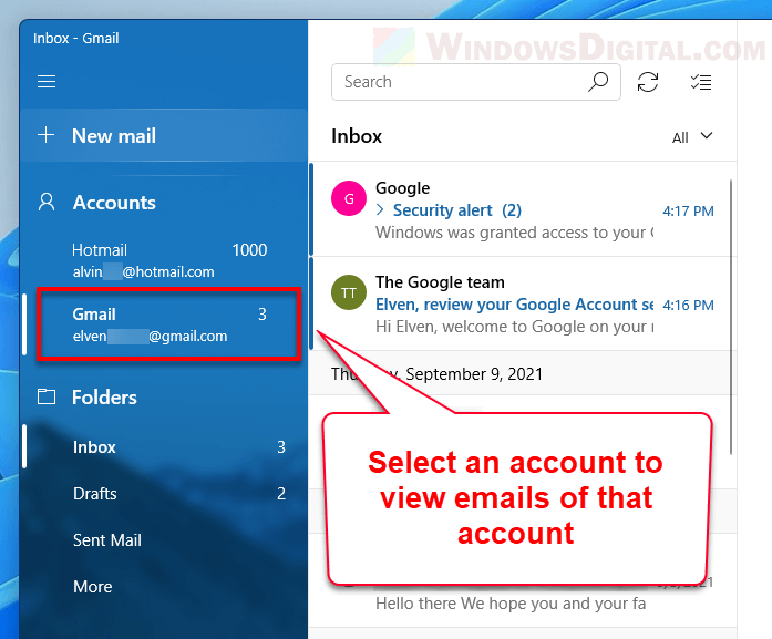 View Gmail inbox emails via Mail app in Windows 11