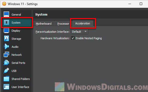 VirtualBox Windows System Acceleration Settings