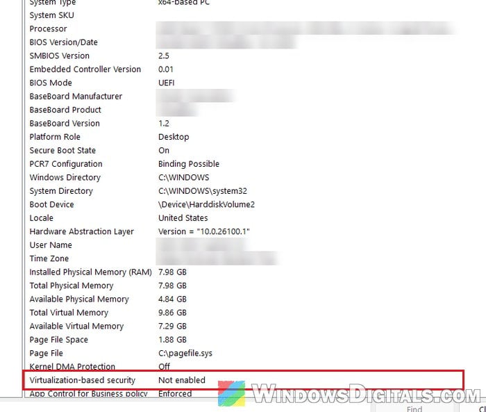 Virtualization-based security Not enabled System Information Windows 11