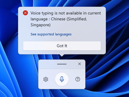 Voice typing is not available in current language