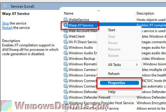 Warp JIT Service Properties Windows 11