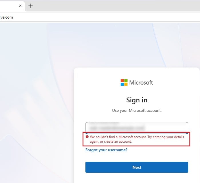 We couldn't find an account with that username Microsoft sign in