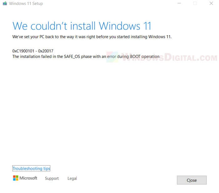 We couldn't install Windows 11 Safe_OS with boot operation