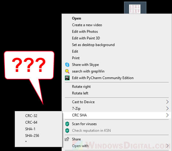 What is CRC SHA on right click menu in Windows 10