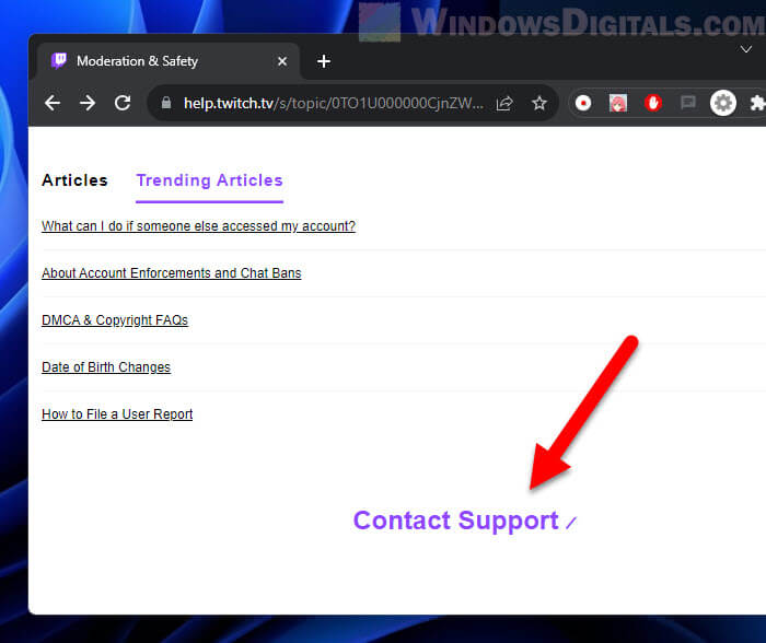 Where is the Contact Support button on Twitch