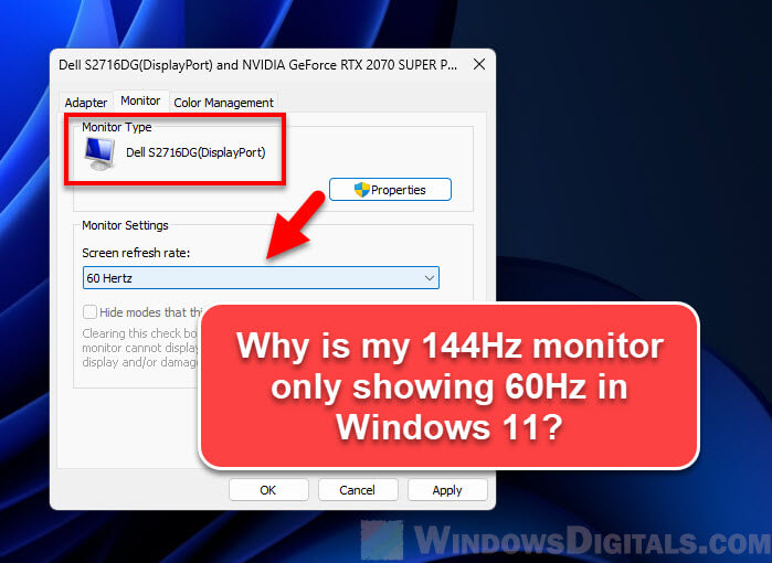 Why is my 144Hz monitor only showing 60Hz in Windows 11