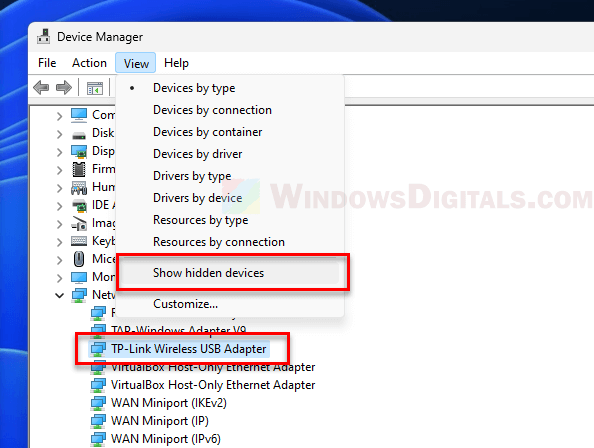 WiFi Wireless Adapter hidden in Device Manager Windows 11