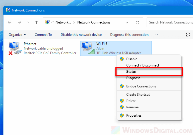 WiFi network status Windows 11