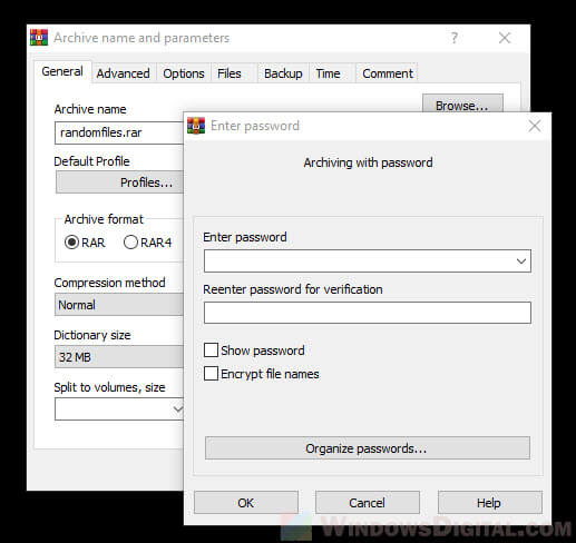 Zip a file or folder with password using WinRAR