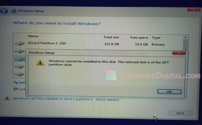 Windows 10 11 cannot be installed to this disk The selected disk is of the GPT partition style