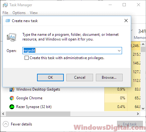 Open regedit in Task Manager