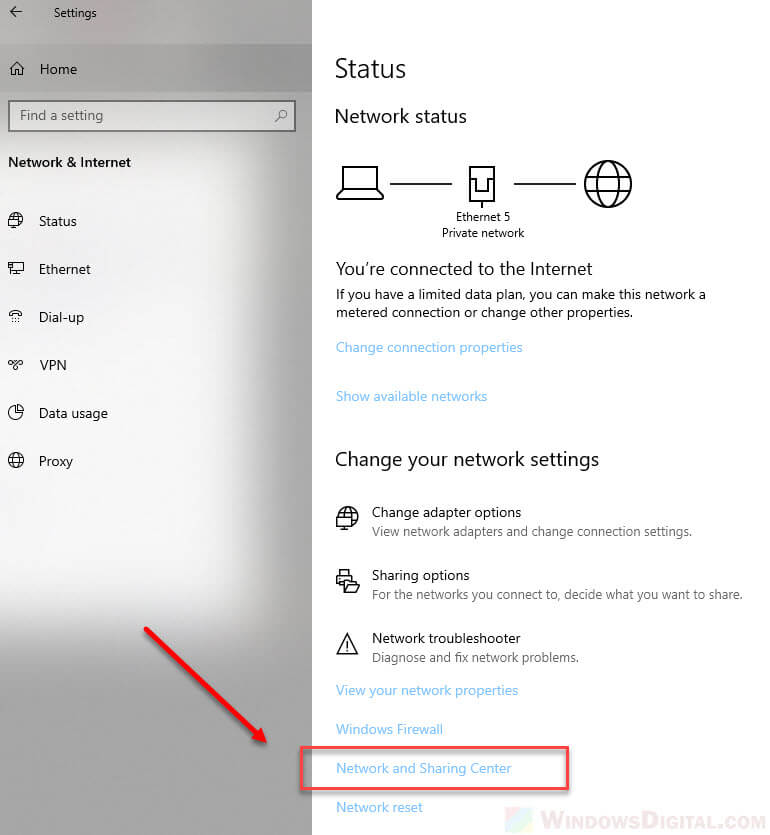 Windows 10 WiFi network and sharing center