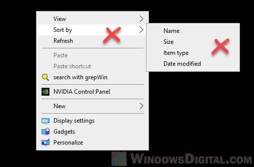Windows 10 desktop icons sort by name size type date modified