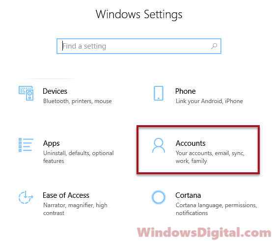 Windows account settings