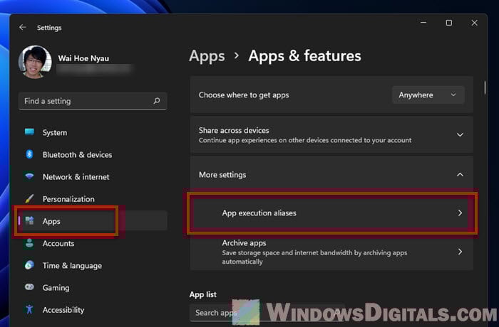 Windows 11 App Execution Aliases
