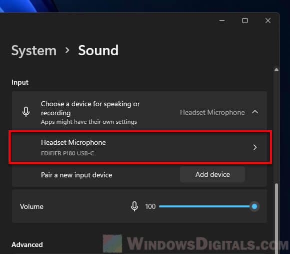 Windows 11 Choose a device for speaking or recording