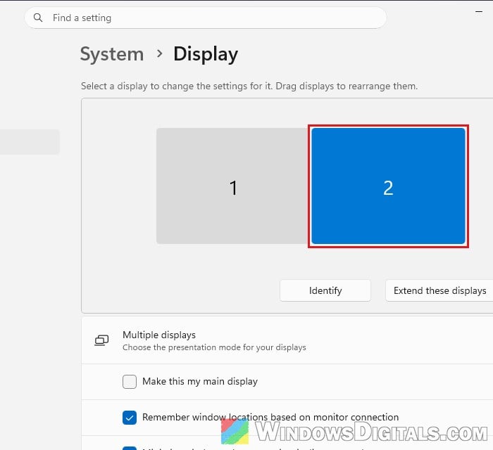 Windows 11 Display settings showing Display 2 that is not connected