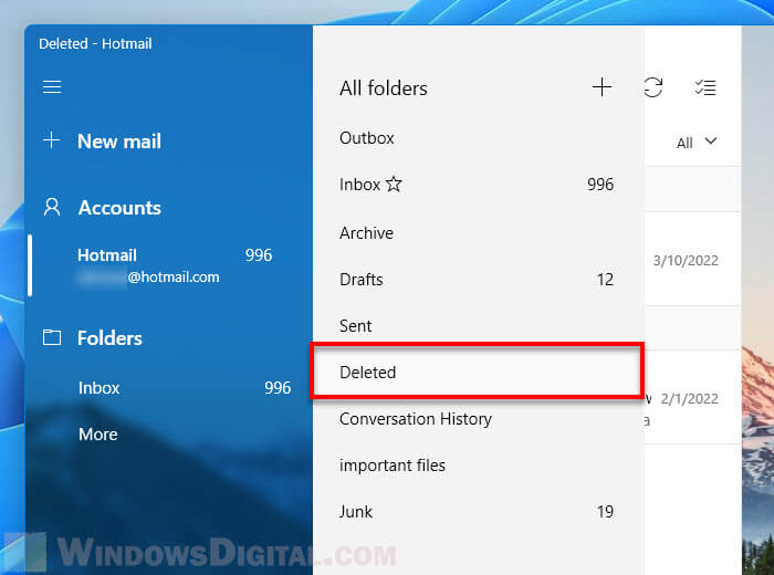 Windows 11 Mail app Deleted folder