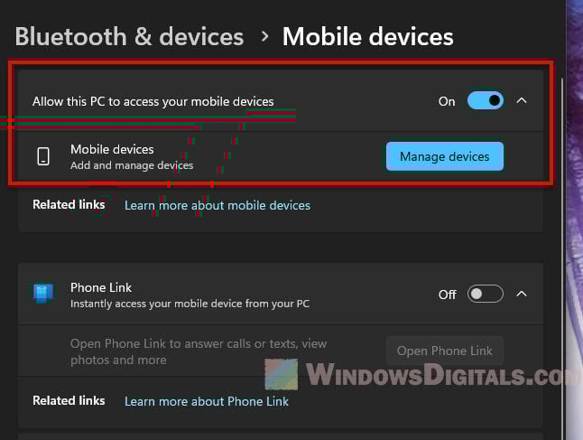 Windows 11 Manage Mobile Devices