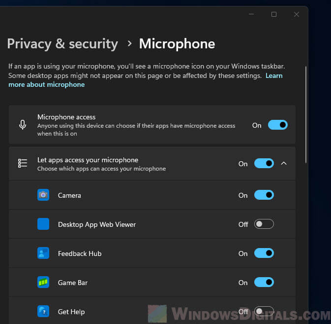 Windows 11 Microphone Privacy permission settings for apps