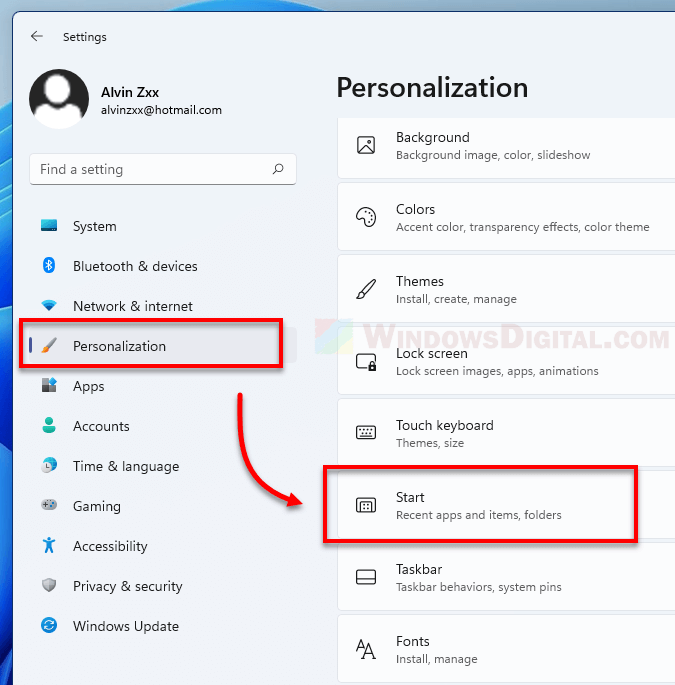 Windows 11 Personalization Start Menu Settings