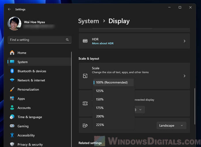 Windows 11 Scale and layout keyboard shortcut