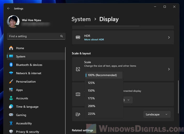 Windows 11 Scale and layout keyboard shortcut
