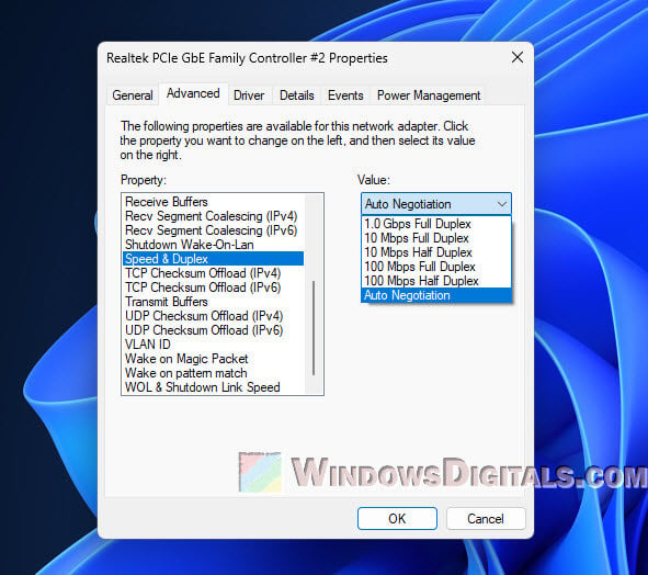 Windows 11 Set Auto-Negotiation to 1Gbps
