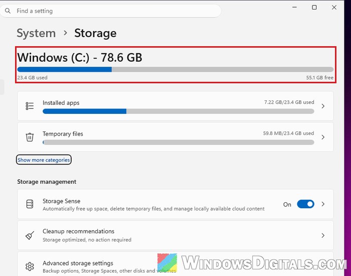 Windows 11 Settings System Storage free space