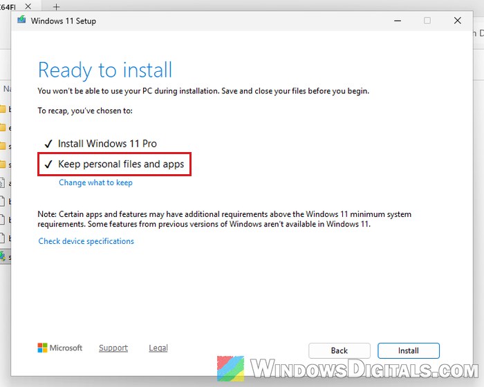 Windows 11 Setup Ready to install Keep personal files and apps