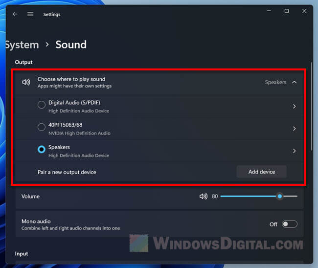 Windows 11 Sound settings switch output input audio devices