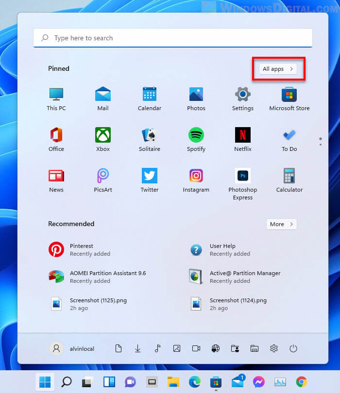 Windows 11 Start menu All apps