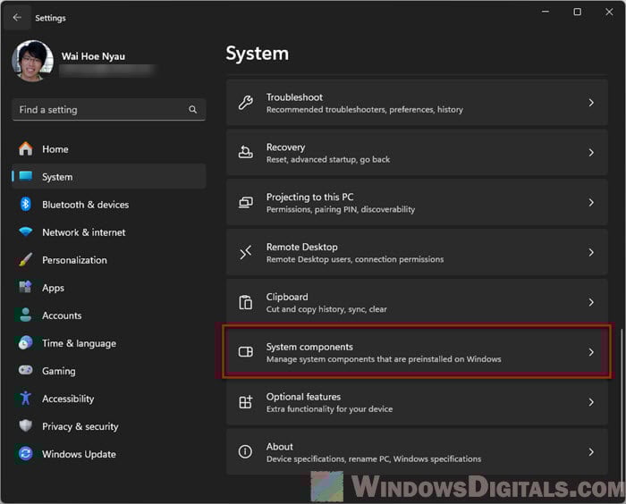 Windows 11 System components settings