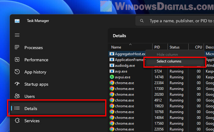 Windows 11 Task Manager Select Columns