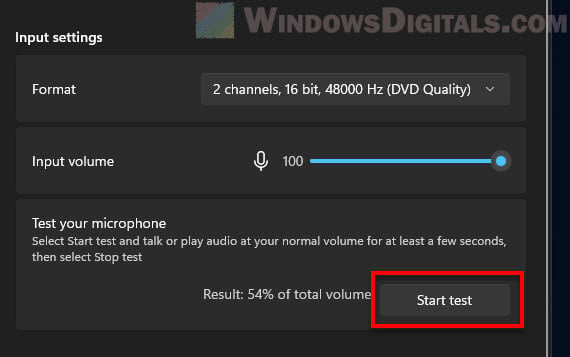 Windows 11 Test your microphone Start and Stop Test