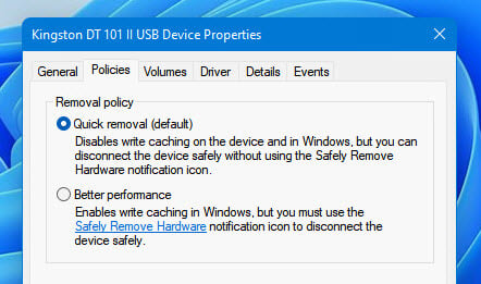 Windows 11 USB drive removal policy