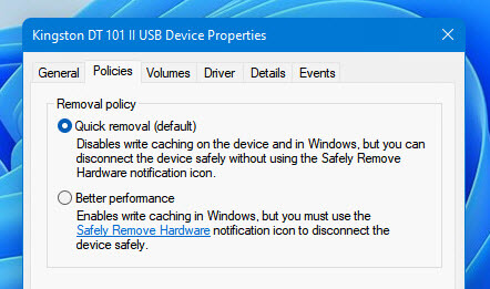 Windows 11 USB drive removal policy