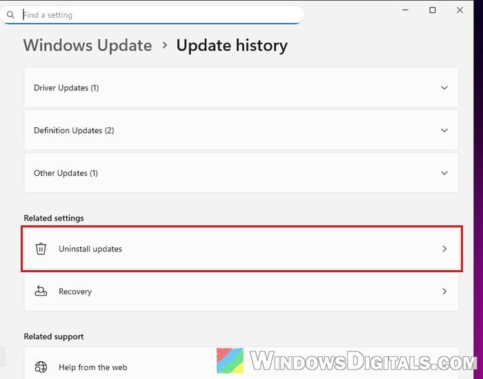 Windows 11 Update history Uninstall updates