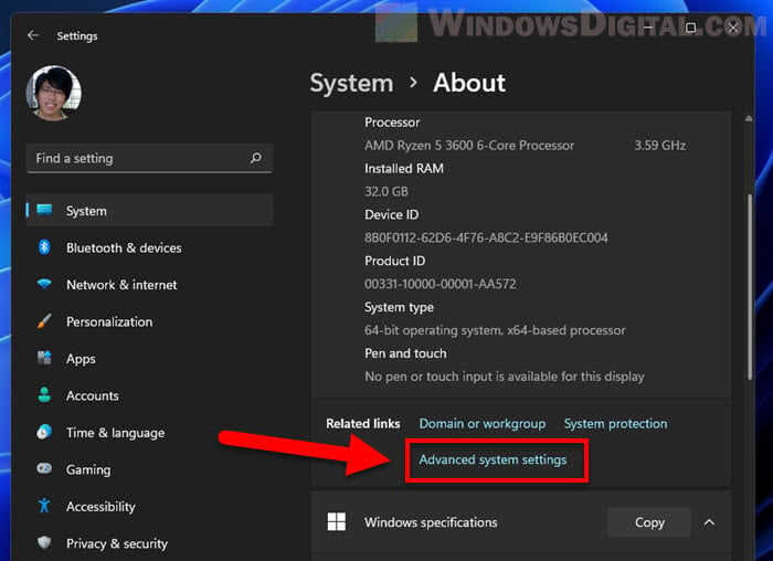 Paramètres système avancés de Windows 11