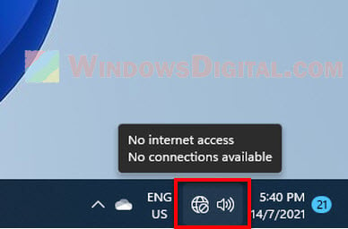 Windows 11 network WiFi icon taskbar No internet access