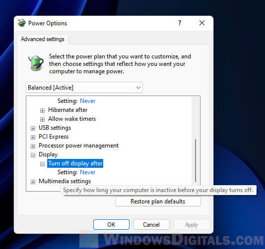 Windows 11 never turn off display