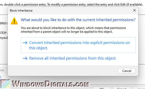 Windows 11 remove all inherited permissions from this object