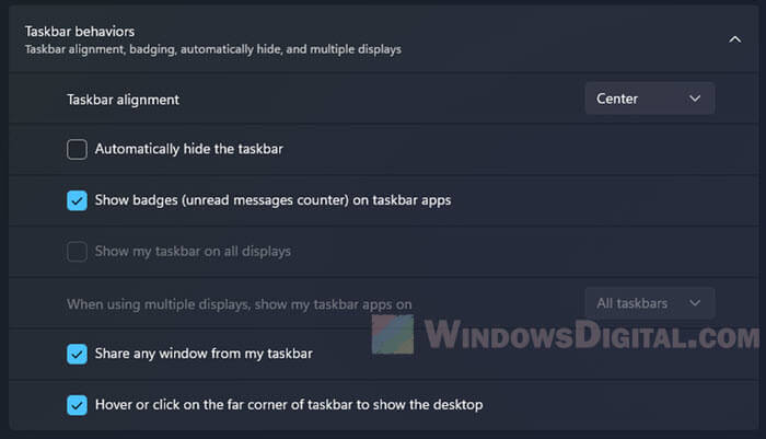 Windows 11 taskbar behaviors settings