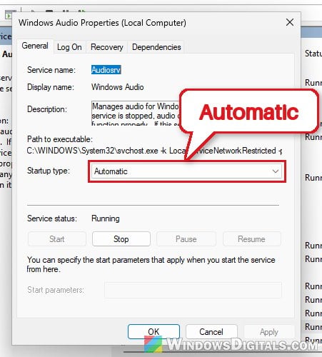 Windows Audio service startup type Automatic