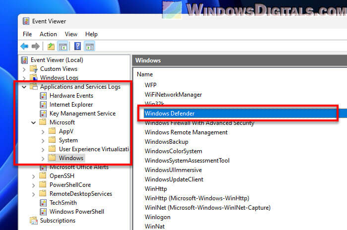 Windows Defender history in Event Viewer Windows 11