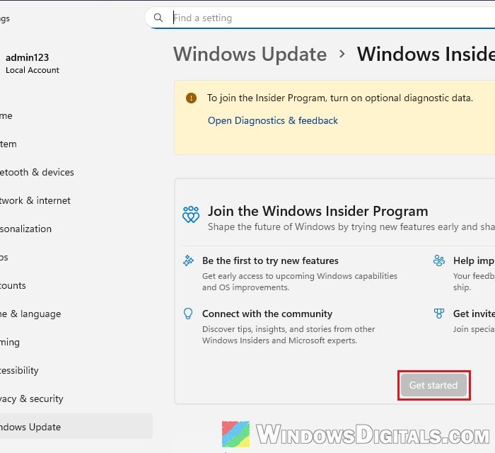 Windows Insider Program settings Windows 11