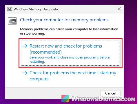 Windows Memory Diagnostic restart now and check for problems