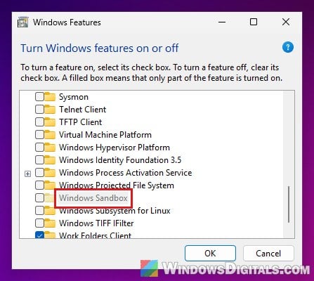 Windows Sandbox in Windows Features Windows 11