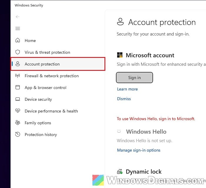 Windows Security Account protection without Administrator protection Windows 11